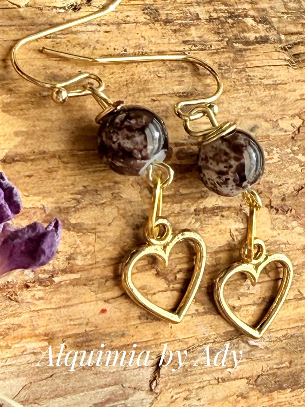 Gold Heart Drop Earrings with Brown agate Marbled Beads